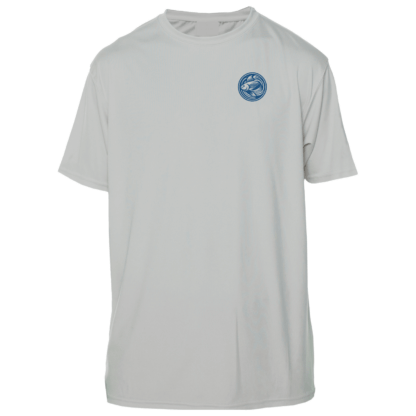 A grey t-shirt with a blue logo, perfect for fishing.