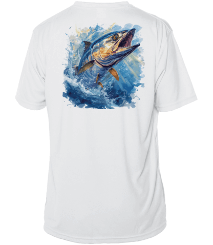 A white UV Fishing Shirt Outfitters - Angler's Collection: King Mackerel - UPF 50+ Short Sleeve with an image of a tuna fish.