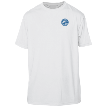 A white t-shirt with a blue logo, perfect for sun protection.
