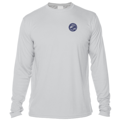 The men's grey long sleeve fishing shirt with a blue logo.
