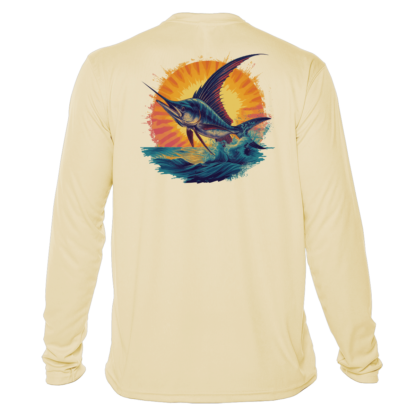 A men's long sleeve Fishing Shirt Outfitters - Angler's Collection featuring an image of a marlin fish.