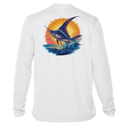 Men's long sleeve marlin fishing shirt, also known as a sun shirt or performance shirt.