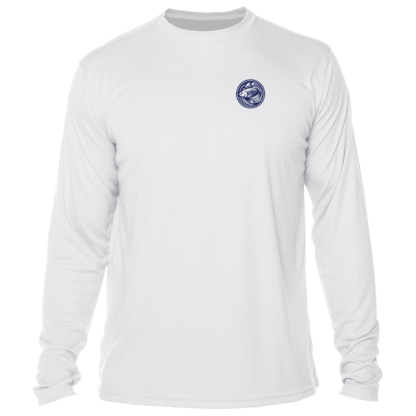Men's white long sleeve t-shirt with a blue logo, perfect as a performance shirt or sun shirt. 