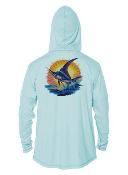 A men's hoodie with a marlin fish design.