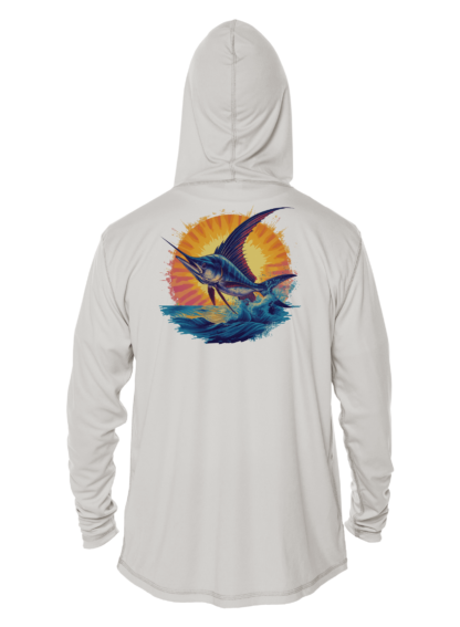 The men's Fishing Shirt Outfitters - Angler's Collection: Sailfish - UPF 50+ Hoodie is white with an image of a marlin.