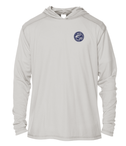 The men's grey hoodie features a blue logo.