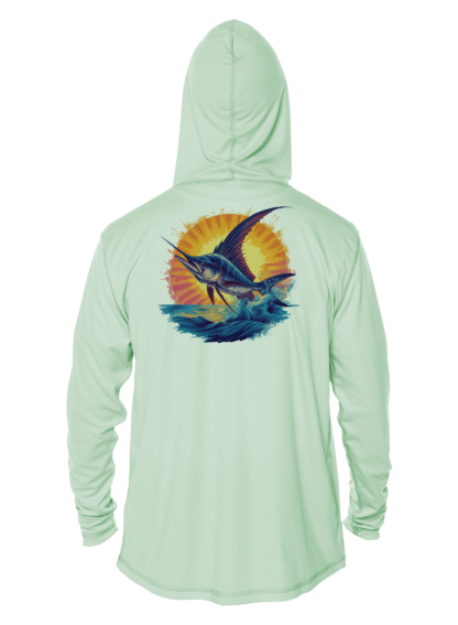 A men's hoodie with an image of a marlin fish designed for performance.