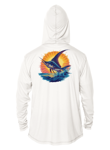 A white hoodie with a marlin fish design.