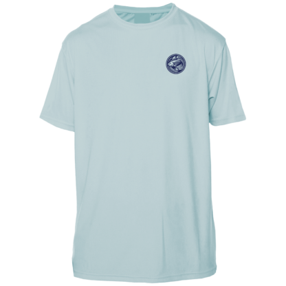 A light blue rash guard with a logo on the front.