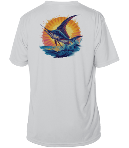 The men's marlin fishing t-shirt is a white performance shirt featuring an image of a marlin.