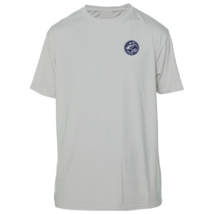 A grey t-shirt with a blue logo on it.
