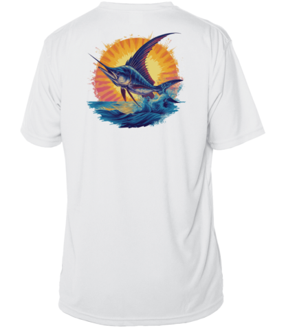This Fishing Shirt Outfitters - Angler's Collection: Sailfish - UPF 50+ Short Sleeve features a white design with an image of a marlin.