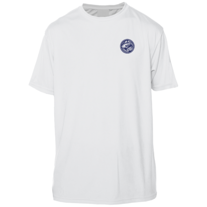 A white t-shirt with a blue logo, suitable for UV protection.