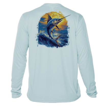 A men's long sleeve performance shirt with an image of a marlin.