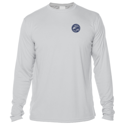 The men's grey long sleeve performance shirt with a blue logo.