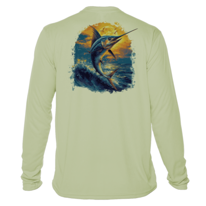 A men's long sleeve fishing shirt with a marlin image.