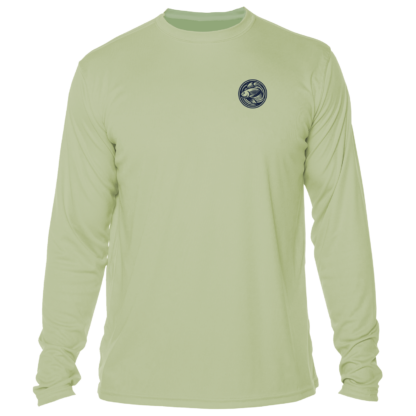 A men's green long sleeve t-shirt with a logo on the front - perfect for outdoor activities like fishing.