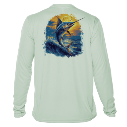 A men's long sleeve UV shirt featuring an image of a marlin.