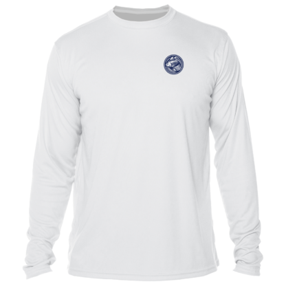 The men's white long sleeve fishing shirt with a blue logo.