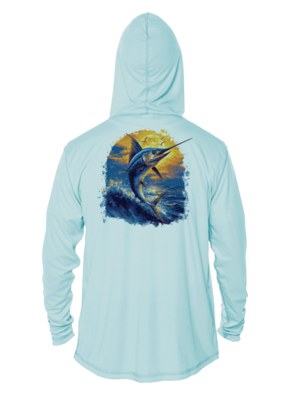 The men's marlin hoodie is blue with an image of a marlin.