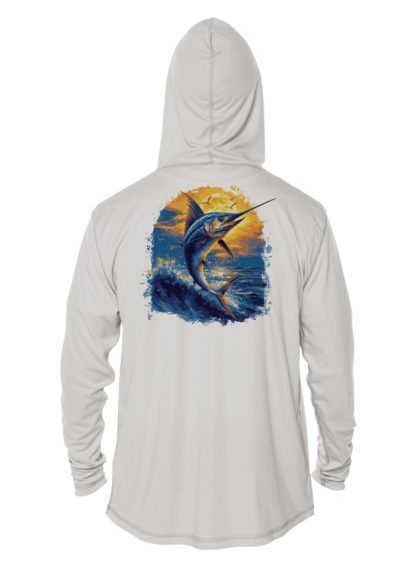 The men's Swordfish fishing hoodie is white and features an image of a marlin.