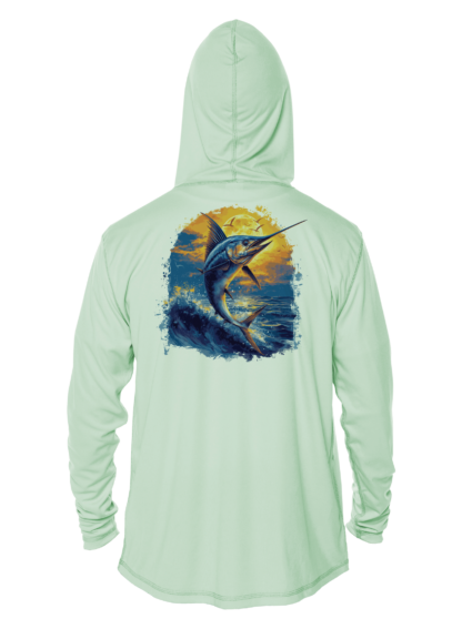 A men's hoodie with a marlin image, perfect for fishing enthusiasts.