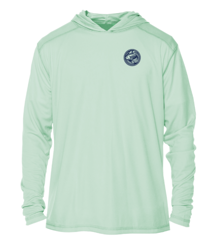 A men's green hoodie with a logo on it.