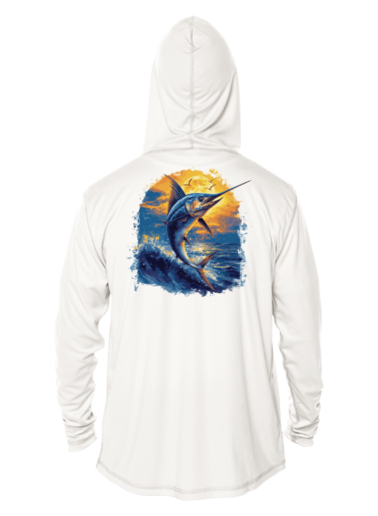 A white hoodie with a marlin fish image, perfect for fishing enthusiasts.