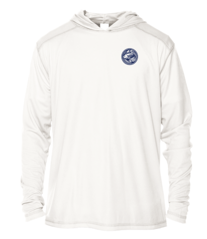 A white hoodie with a blue logo on it, perfect for fishing or as a solar shirt.