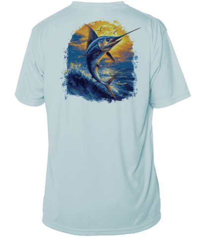 A men's UV fishing shirt featuring a blue marlin design.