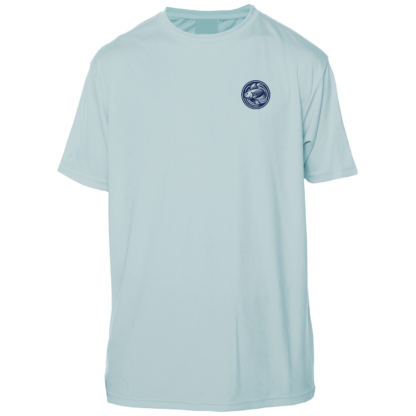 A light blue t-shirt with a logo on the front, perfect for sun protection.