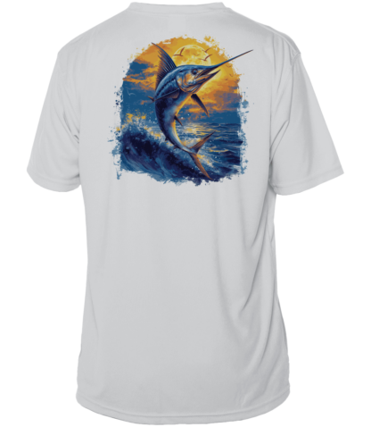 The men's marlin fishing shirt is white with an image of a marlin.