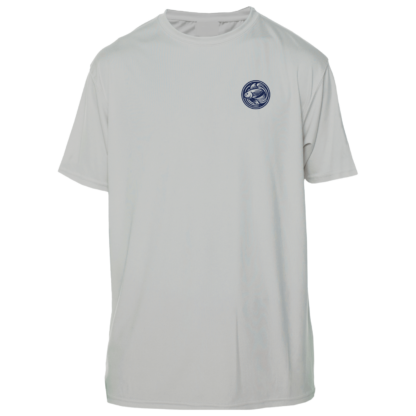 A grey UV shirt with a blue logo on it.