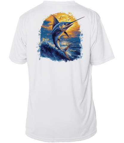 A white performance shirt with an image of a marlin fishing in the ocean.