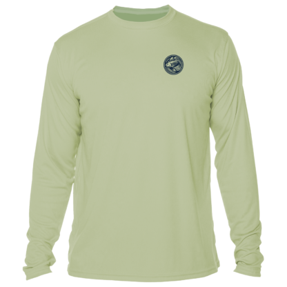 A men's green long sleeve t-shirt with a logo on the front.