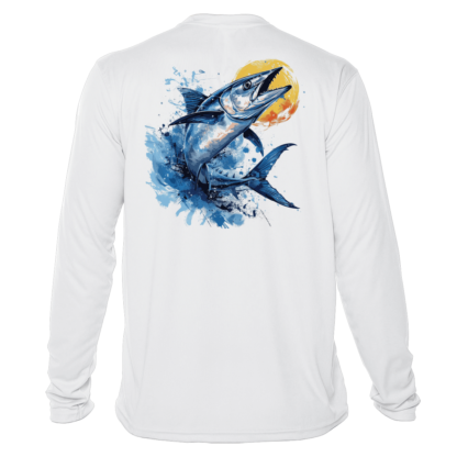 A white long sleeve fishing shirt with an image of a blue marlin.