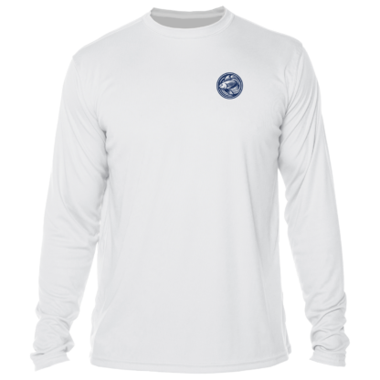 This men's white long sleeve UV fishing shirt features a blue logo.