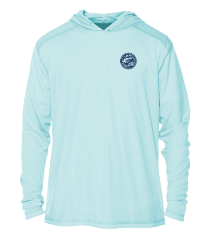 The men's blue hoodie features a blue logo on it.