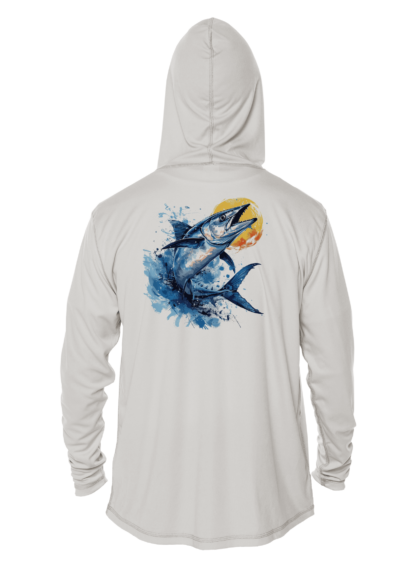 This Fishing Shirt Outfitters - Angler's Collection: Wahoo - UPF 50+ Hoodie features an image of a blue marlin, perfect for fishing enthusiasts.