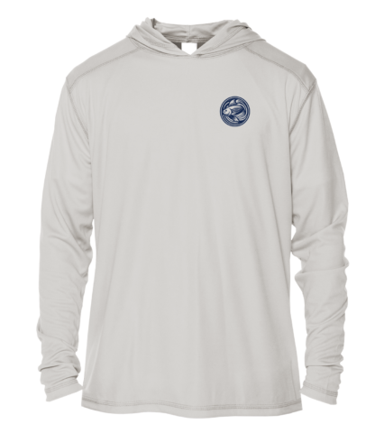 The men's grey hoodie has a blue logo on it.