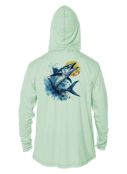 A men's hoodie with an image of a blue marlin, perfect for wearing as a sun shirt.