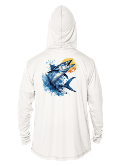 A white hoodie with an image of a blue marlin, perfect for those sunny days on the boat.