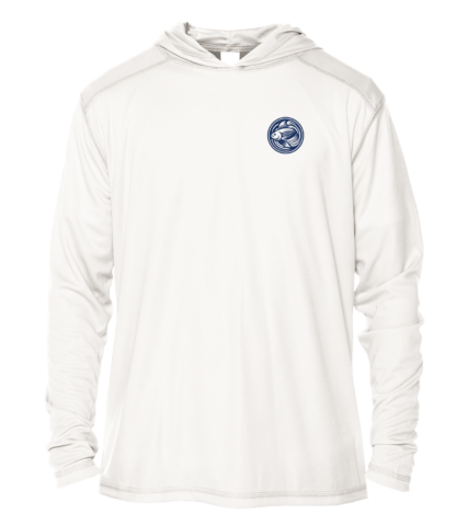 A white hoodie with a blue logo on it.