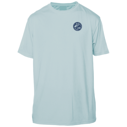 A light blue fishing shirt with a logo on the front.