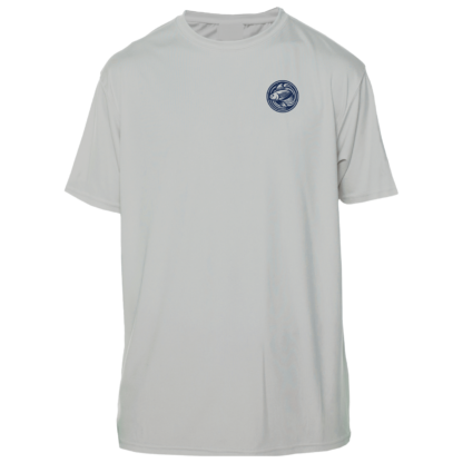 A grey fishing shirt with a blue logo on it.