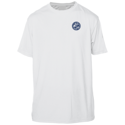 A white sun shirt with a blue logo.