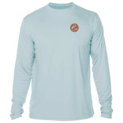 The men's light blue long sleeve fishing shirt with a brown logo.