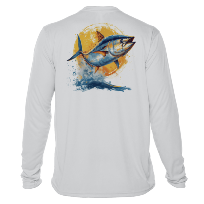 A white long sleeve performance shirt with an image of a tuna.