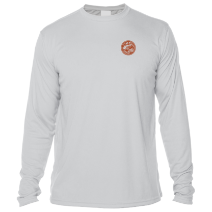 The men's grey long sleeve UV shirt with an orange logo.