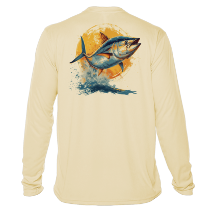 A men's Fishing Shirt Outfitters - Angler's Collection: Yellowfin Tuna - UPF 50+ Long Sleeve with an image of a tuna.